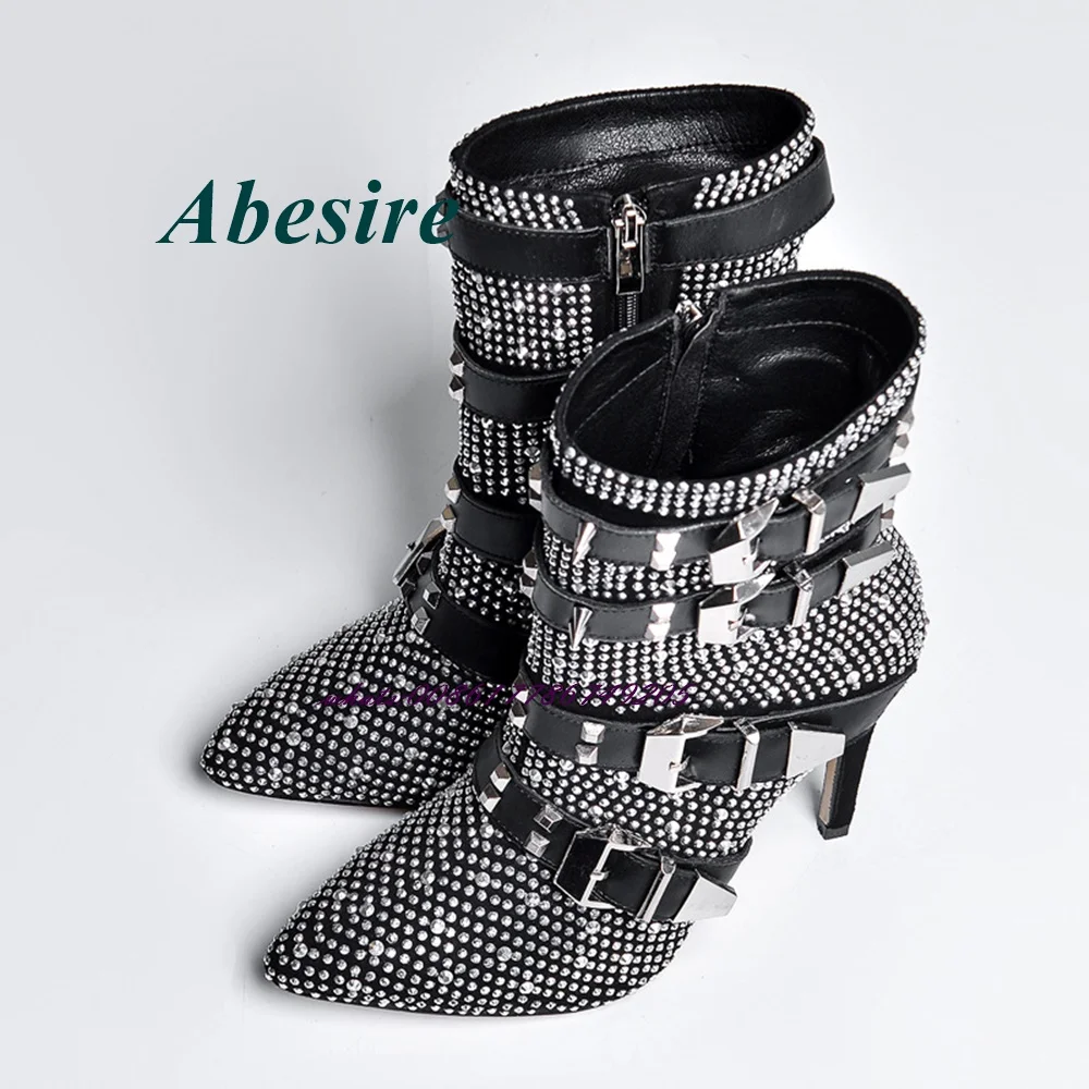 

Abesire Pointed Toe Rivet Ankle Boots Belt Buckle Crystal Zip Spring Autumn Shoes for Plus Size Women New Arrival 2022 Fashion