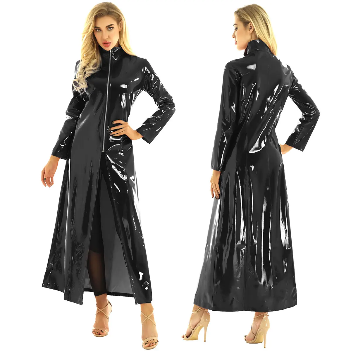 Adults Long Sleeve Wet Look Patent Leather Coat Ponchos Capes Music Festival Cosplay Party Nightclub Stage Performance Clothes