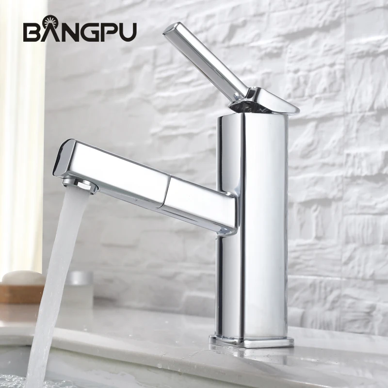 BANGPU Bathroom Basin Faucet Pull Out Sink Faucet 1 Hole Bathroom Faucet Single Handle Sink Tap Bathroom Tap Deck Mounted Chrome