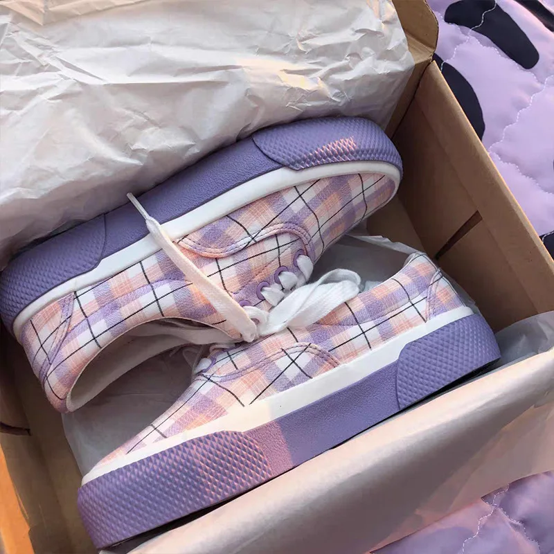 

New Original JK Plaid Shoes Japanese Style Lady Canvas Shoes Purple Gingham Sneakers Thick- Soled Shoes Vulcanize Flats