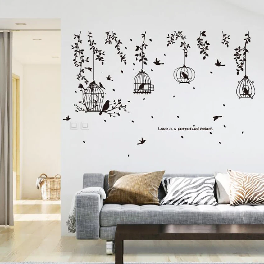 Black Garden Bird Cage Plants Tree Branch Wall Stickers Removable Living Room Wall Decals DIY Art Stickers Decoration 50x70cm