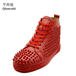 Qianruiti Rivets shoes Lace-up High-top Sneakers Men Fashion Round Toe Leather Red Blue Black Spike Leisure Casual Shoes