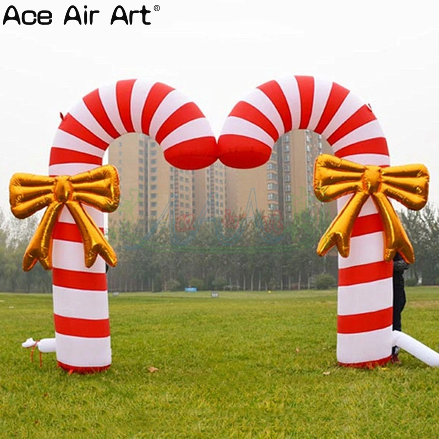 Oxford Fabric Christmas Inflatable Arch, Double Candy Cane Archway, Golden Bow, Commercial and Home Decor