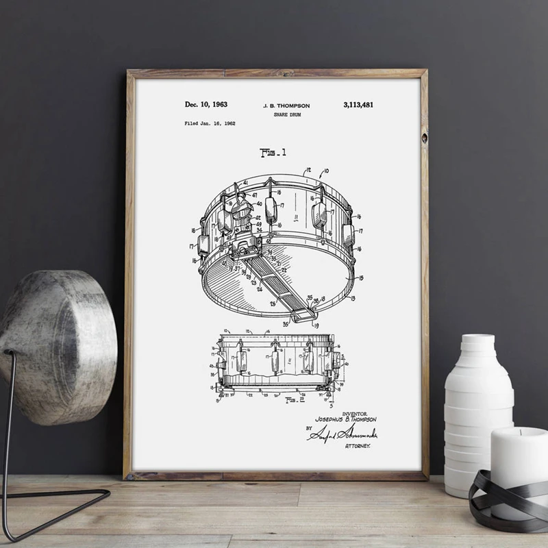 Snare Drum Patent Dynasonic Drummer Art Poster Print Music Room Home Decor Vintage Blueprint Canvas Painting Picture Gift idea