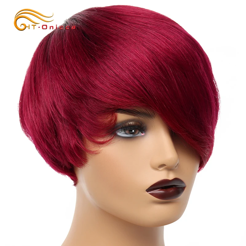 Htonicca Red Human Hair Wigs Short Straight Brazilian Remy Hair Wig For Black Women 8 Inches Full Machine Cheap Human Hair Wigs