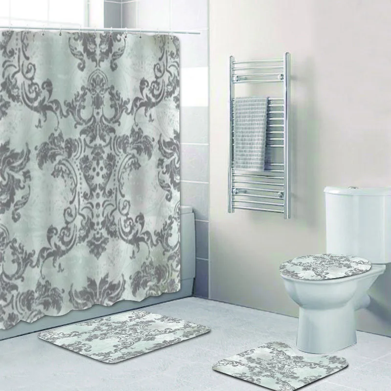 Luxury Silver Grey Baroque Damask Floral Shower Curtain Set for Bathroom Elegant Royal Flowers Bath Mats Toilet Home Decor Gift