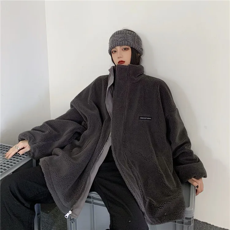 

Korean Winter Wear On Both Sides Tooling Coat Harajuku Style Thicken Jacket Vintage Zipper Lambswool Keep Warm Cotton Clothes