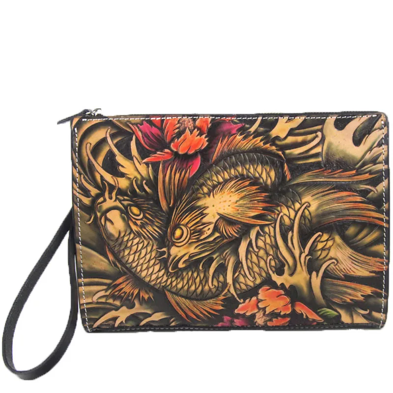 Women Men Vegetable Tanned Leather Skull Bag Money Holder Clutch Purse Clutches Cow Lerther Envelope