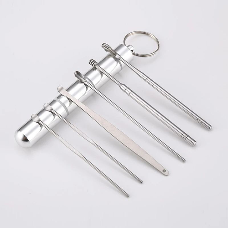 6-in-1 Pocket Ear Spoon Toothpicks Keychain With Portable Aluminium Alloy Bottle Ear Pick Set Reusable Keychain Pendant Dropship