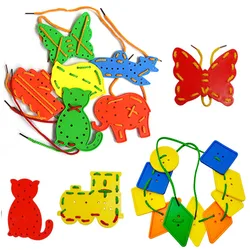 Kids Montessori Lacing Board Education Toys Geometric Buttons Animal Stringing Threading Beads Baby Fine Motor Skill Learning