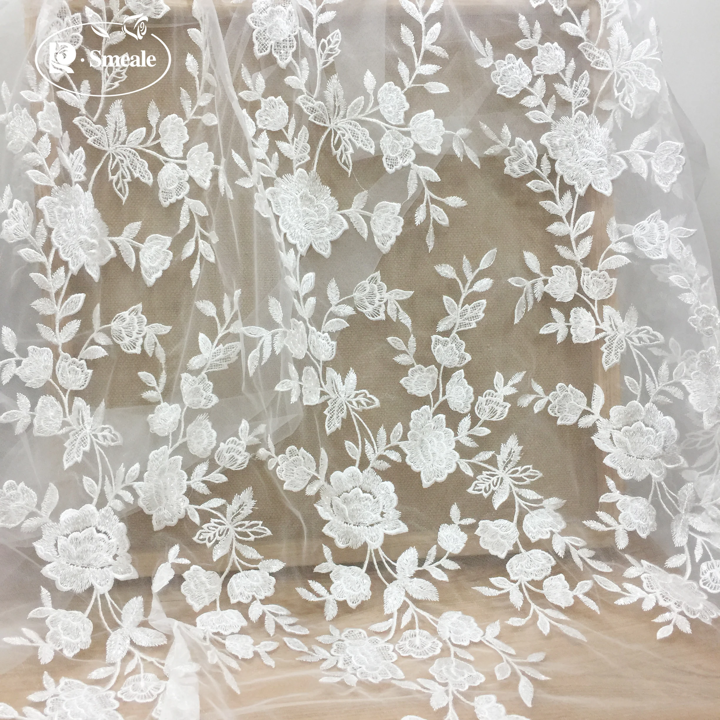 Handmade Sequined Mesh Embroidery Lace Fabric, DIY Wedding Dress, Flower Lace Accessories, RS3677