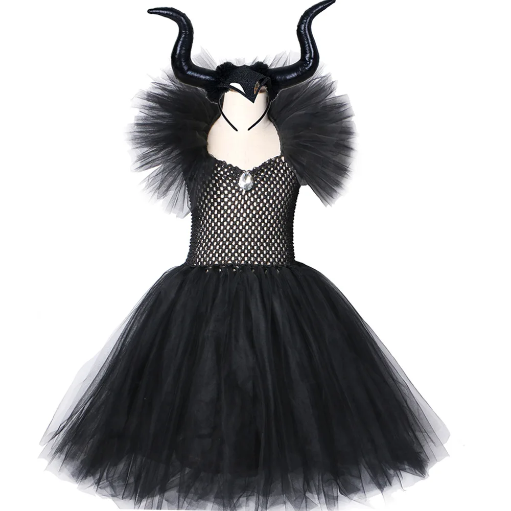 Maleficent Witch Dress Children's Halloween Costume Black Girl Tutu Dress V-Neck Kids Ankle Dress Length with Horns Wings