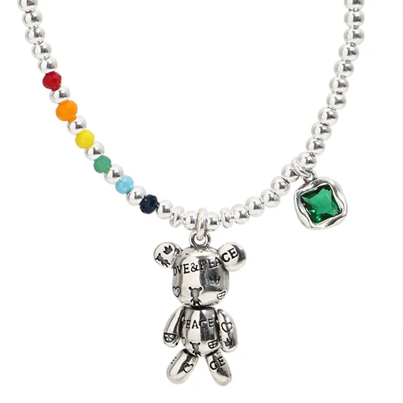Sweet Little Bear Animal Colorful Rainbow Bead Chain Thai Silver Ladies Jewelry Set Necklace Bracelet Birthday Gifts