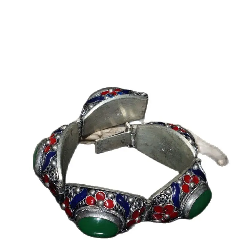 

Chinese Old Craft Inlaid Emerald Inlaid Cloisonne Silk Pinching Silver Bracelet