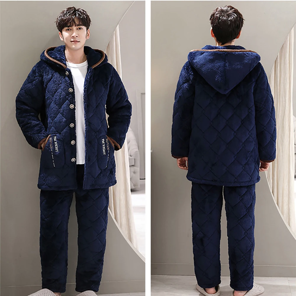 Men\'s Pajama Sets Winter Flannel Pajamas Trendyol Hooded Sleepwear Thick 3-layer Cotton Big Size Pajamas for Men Loose Home Wear