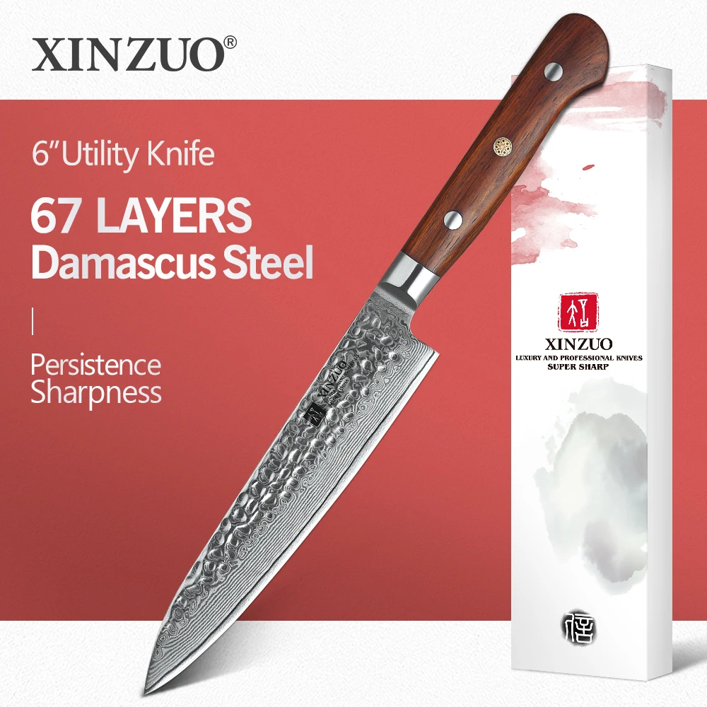 

XINZUO 6 inch Utility Knife Japanese Damascus Steel vg10 Kitchen Knives Professional Handmade Chef Peeling knife Rosewood Handle