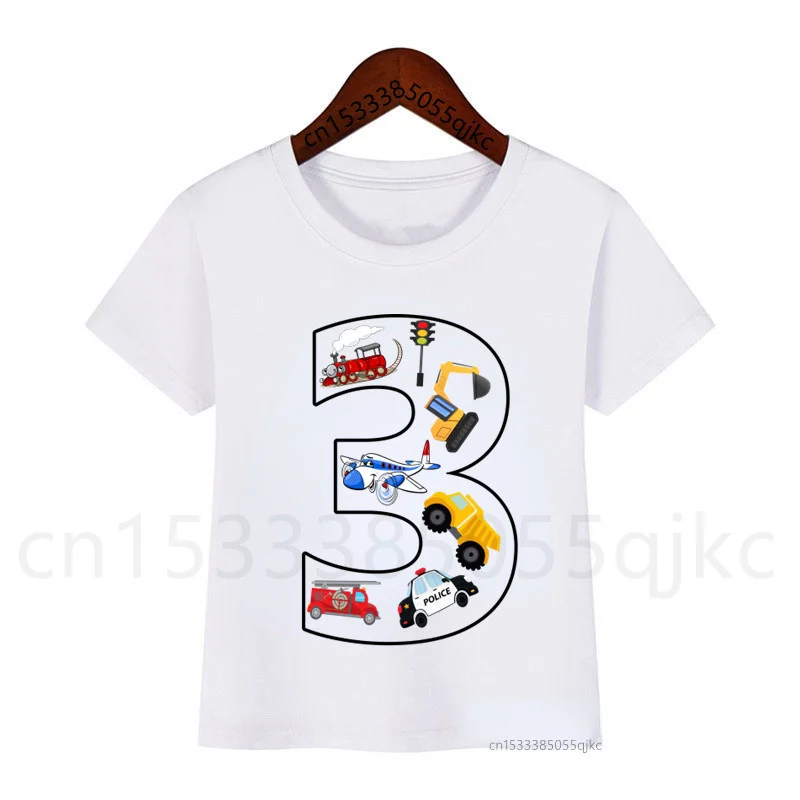 New Excavator Forklift Police Car Airplane Train Birthday Number Printing T-shirt Boy Girl Cute Funny Gift T-shirt Gift Set