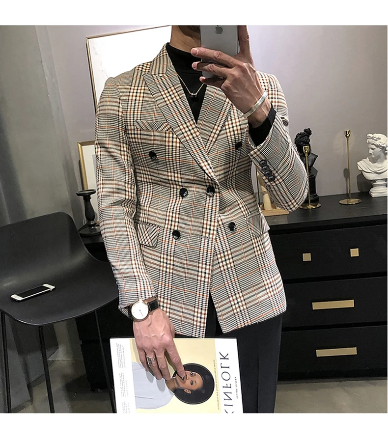 Men\'s Tuxedos New Arrival Plaid Casual Double Breasted Slim Fit Blazer Mens Suit (Only Jacket)