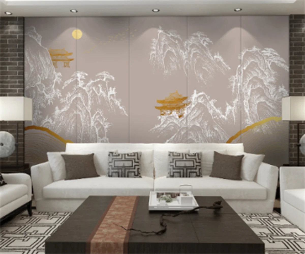 Professional custom simple golden lines landscape luxury national tide background wall decoration mural wall stickers wallpaper