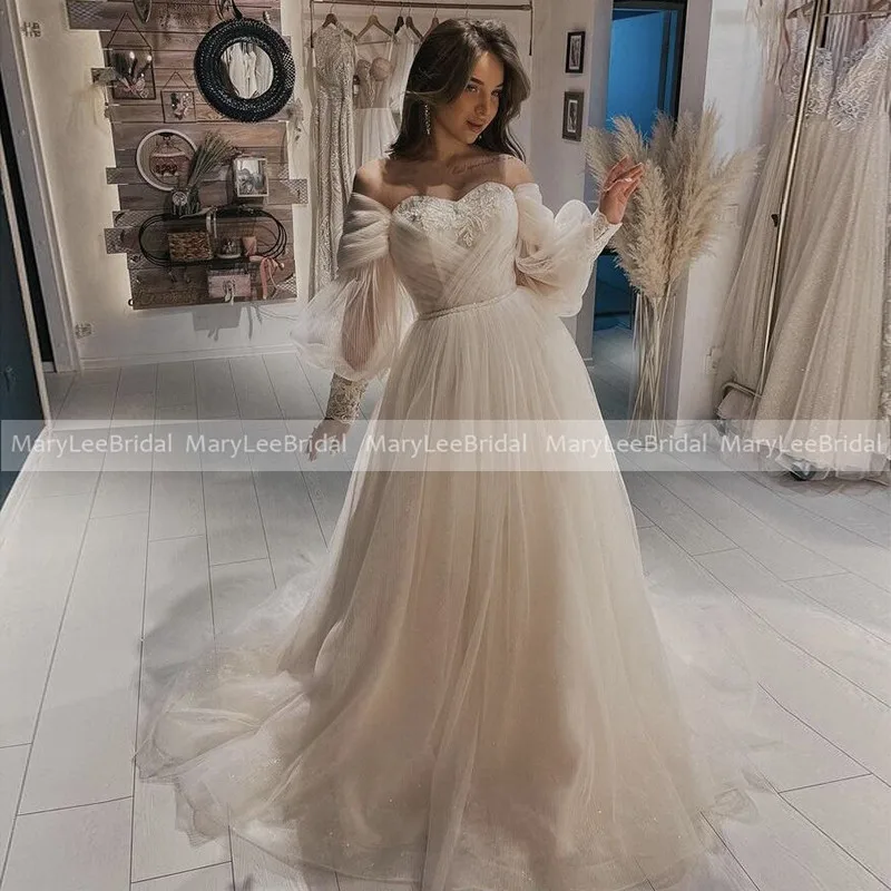 

Light Champagne Bohemian Wedding Dresses Off Shoulder Puffy Sleeve Princess A-Line Tulle Boho Bride Gowns 2021 vestidos de novia