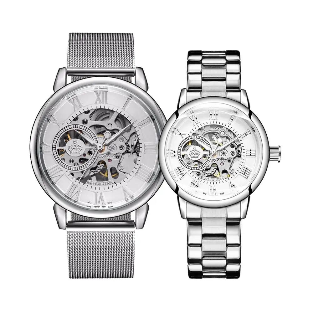 2020 New Brand Couple Watch Set Fashion Mechanical Women Watch Men Stainless Steel Mesh Strap Automatic Watches Reloj de pareja