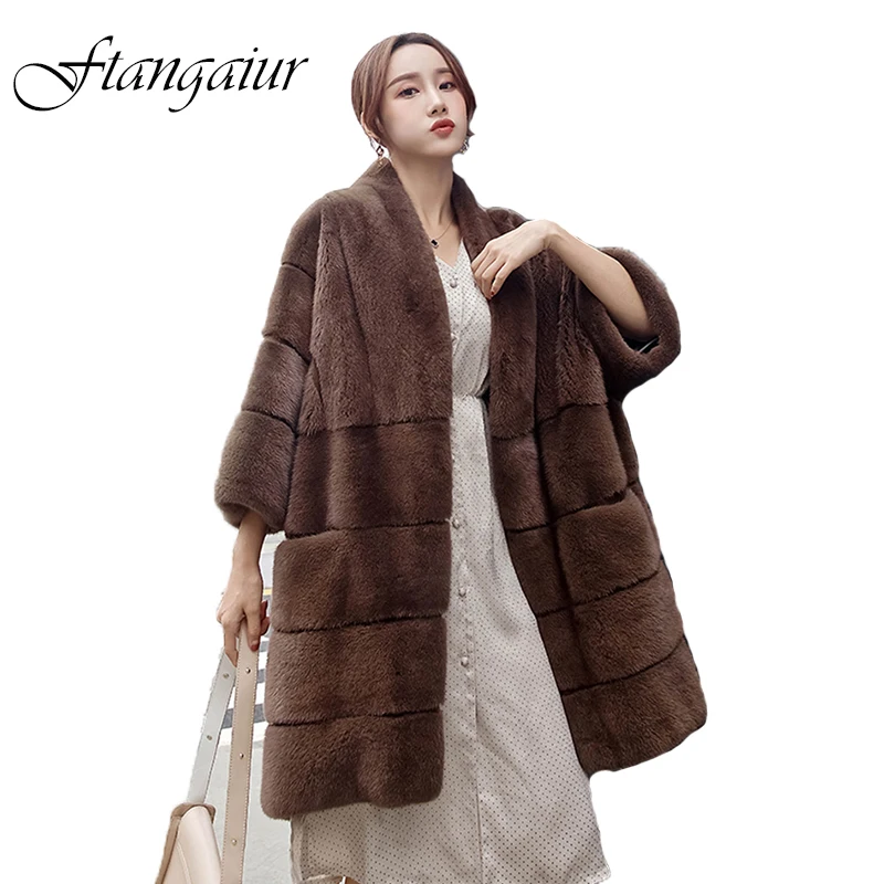 

Ftangaiur New Winter Import Crown Velvet Mink Fur Coat Women V-Neck Three Quarter Sleeve Loss Natural Real Mink Fur Coats