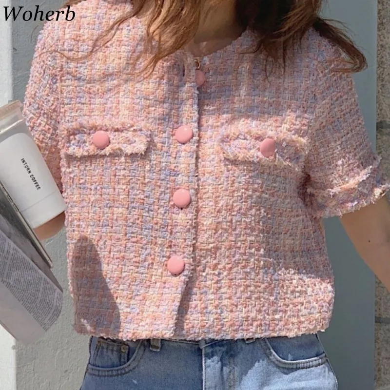 Woherb 2024 New Summer Korean Casual Tweed Jackets Women Short Sleeve Elegant Coats Office Lady Outwear Crop Top Femme