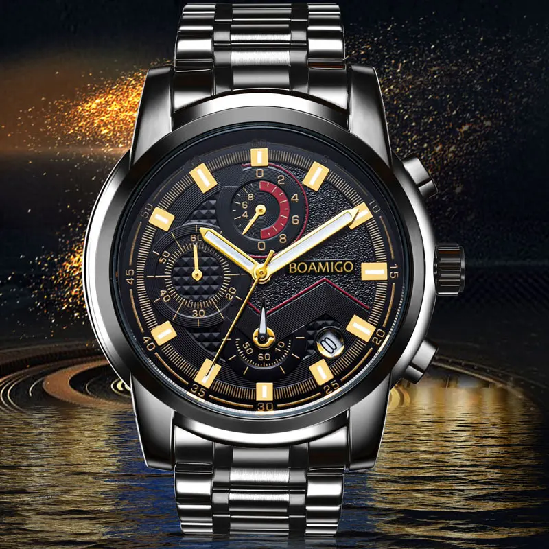 Watches Men Luxury Top Brand BOAMIGO Chronograph Men Sports Watches Waterproof Full Steel Man Dress Fashion Quartz Men's Watch