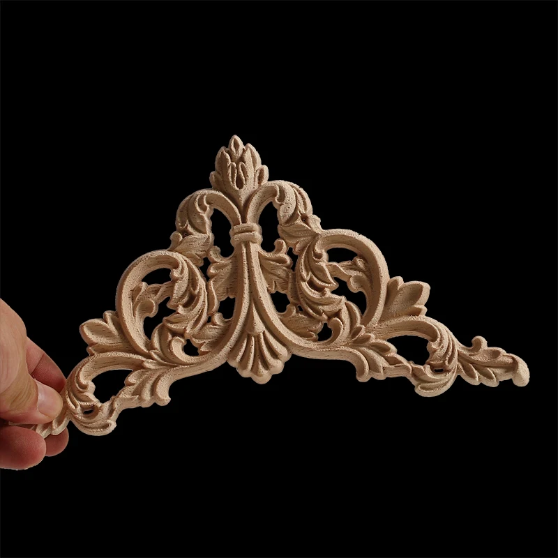 Horn Flower Rectangle Carving Natural Wood Appliques For Furniture Cabinet Unpainted Wooden Mouldings Decal Vintage Decoration