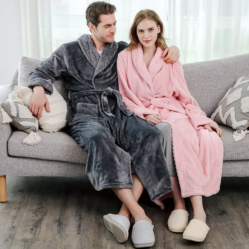 Men Winter Plus Size Long Flannel Bathrobe Warm Coral Fleece Kimono Bath Robe Night Cozy Sleepwear Women Jacquard Dressing Gown