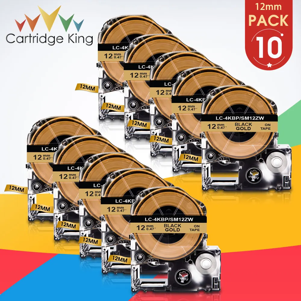 

10PK KINGJIM SM12ZW Black on Gold for Epson Labelworks SM12ZW Replace for Epson LW-300 LW-400 LW-700 Labeling Maker Label Tapes