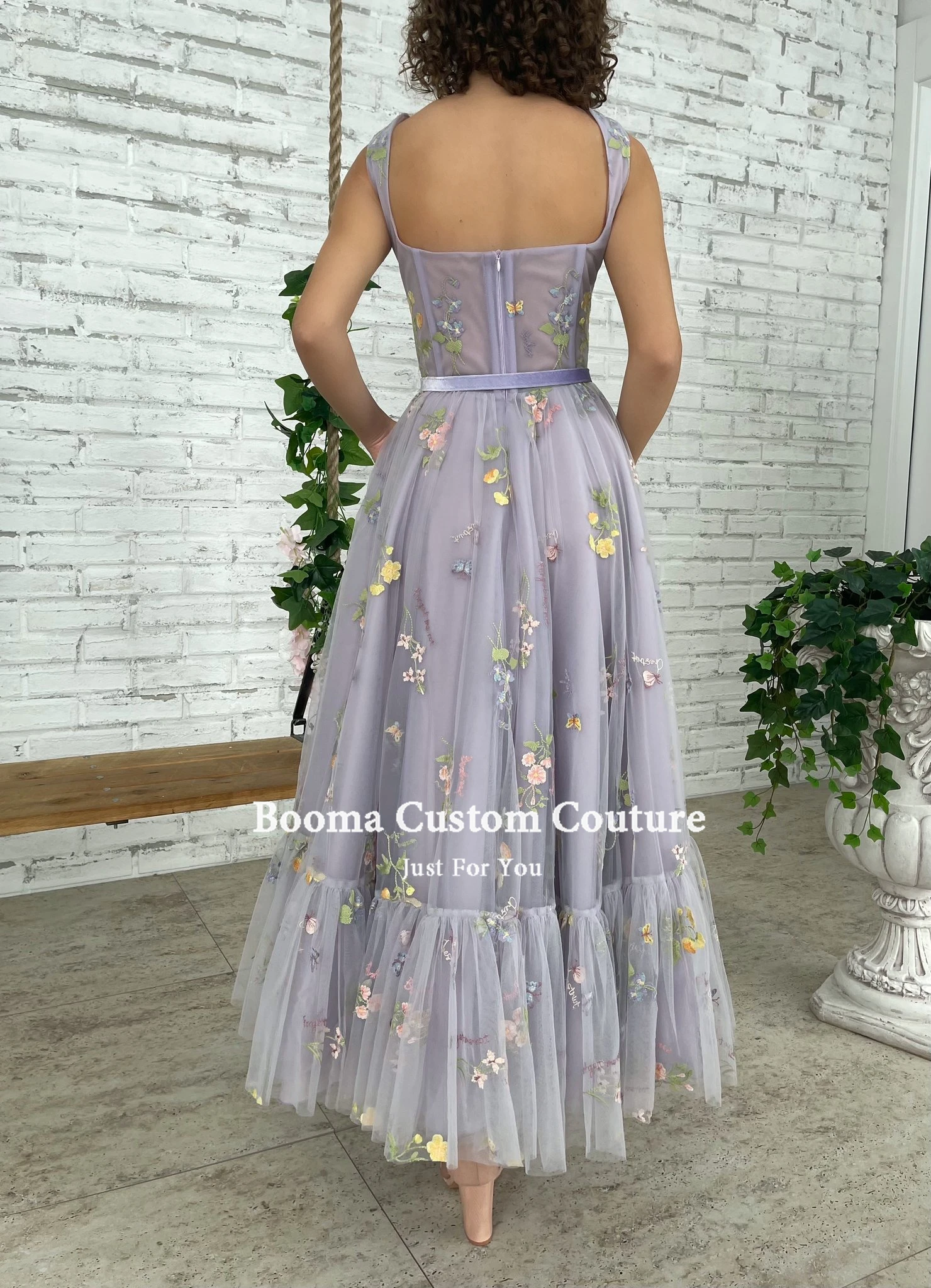 Booma-vestidos de fiesta de boda de tul con encaje bordado lavanda, vestido de fiesta Formal de corte a, longitud hasta el té, vestidos de graduación cariño Midi, 2023