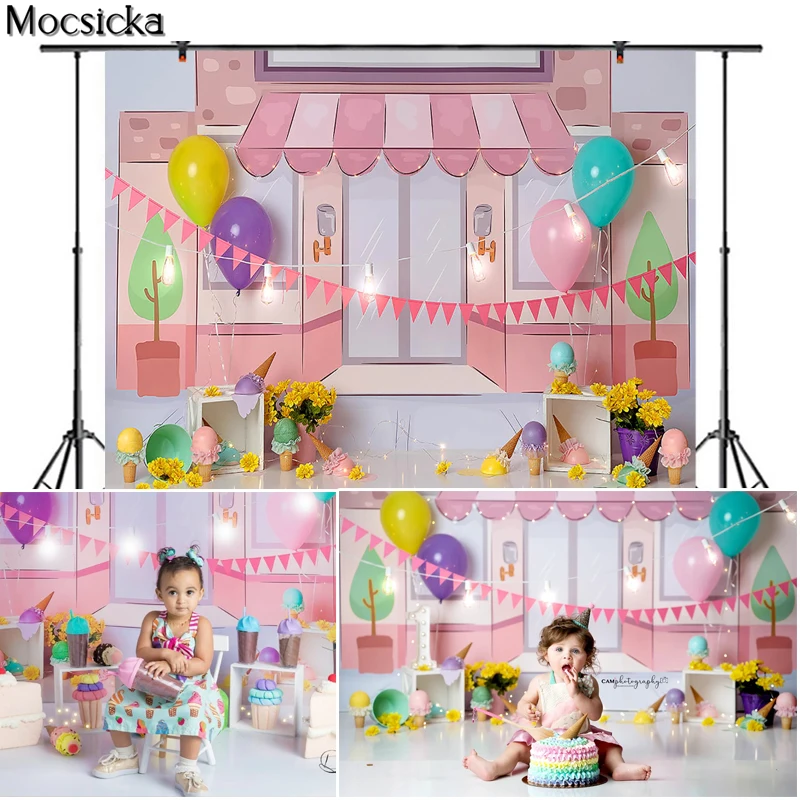 

Mocsicka Ice Cream Store Photography Background Colorful Balloons Flowers Backdrop Child Portrait Photo Decoration Props Studio