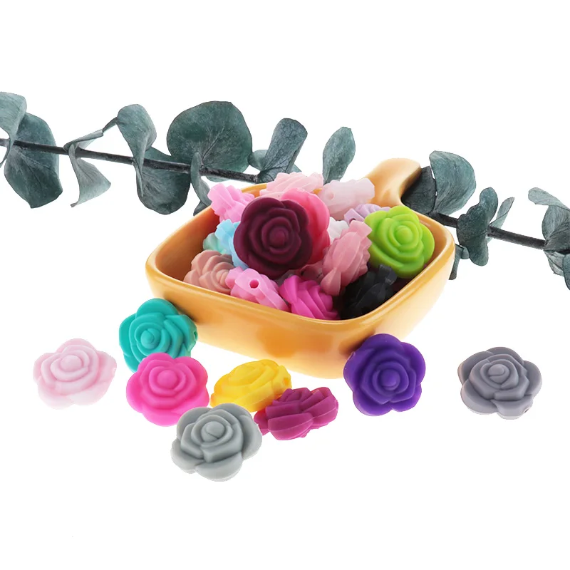 10pcs Mini Rose Silicone Flower Loose Beads BPA Free Baby Teething Necklace Toy DIY Newborn Chewable Teether Pacifier Clip Chain