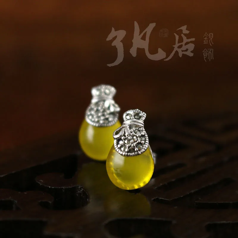 High Quality 925 Sterling Silver Drop Earrings Retro Women Jewelry Natural Stones Yellow Agate Stud Earrings Female Gift 8*14mm