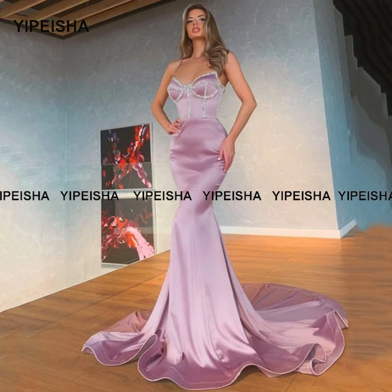 Yipeisha Fashion Kralen Pageant Jurken Mermaid Avondjurk Spaghettibandjes Satin Lange Party Gown Robes De Cocktail