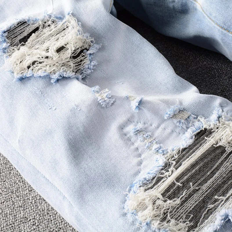 الرجال الضوء الأزرق مطوي المرقعة تمتد الدنيم الجينز الشارع الشهير ثقوب ممزق سروال شكل قلم رصاص العصرية نحيل نحيل بنطلون #4