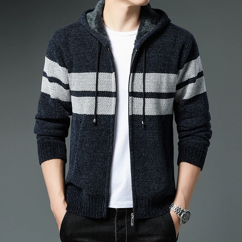 Men\'s Jacket Autumn Winter New Fleece Thick Knit Cardigan Warm Sweaters Coat Korean Hoodies Loose Casual Hooded Striped Sweater