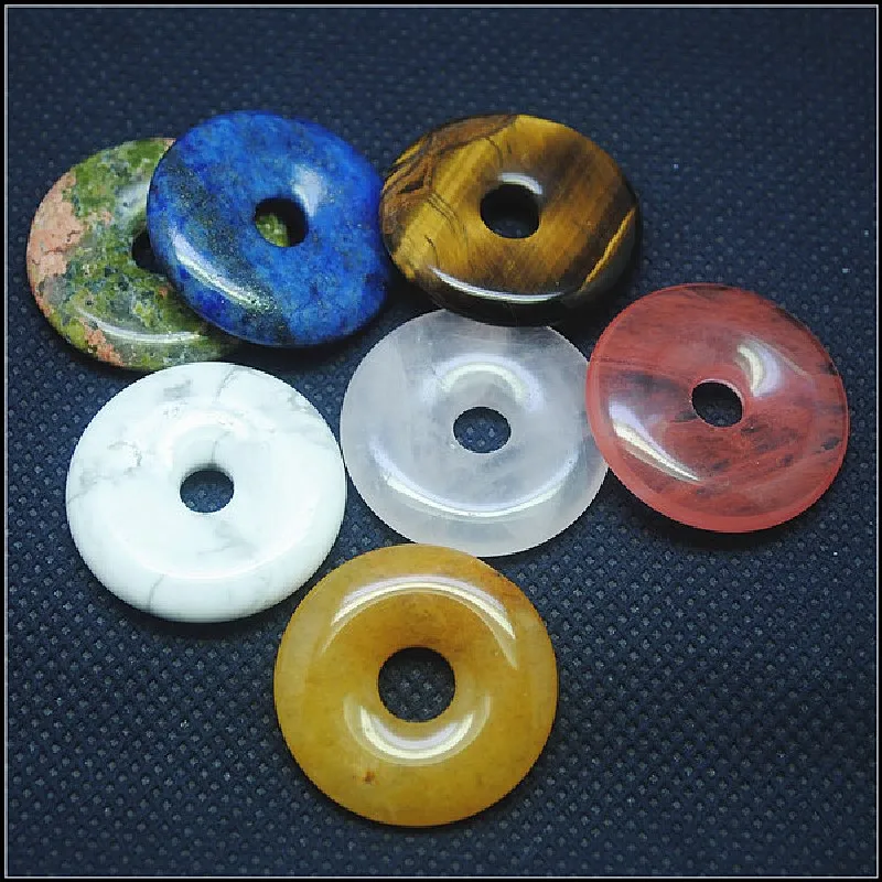 5PCS Nature Gem Stone Donut Shapes Rose Quart Cherry Quartz Unakite Jaspe Lapis Flourite Labodorite Rock Tige Eye 30MM Turquoise