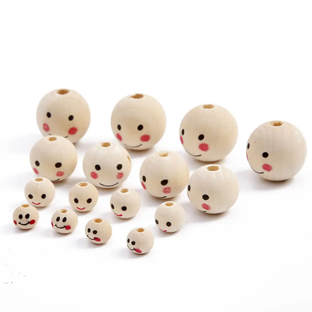 

10mm 12mm 20mm 25mm Smile Face Painting Round Natural Wood Loose Woodcraft Beads for DIY Crafts Handcraft Jewelry Making