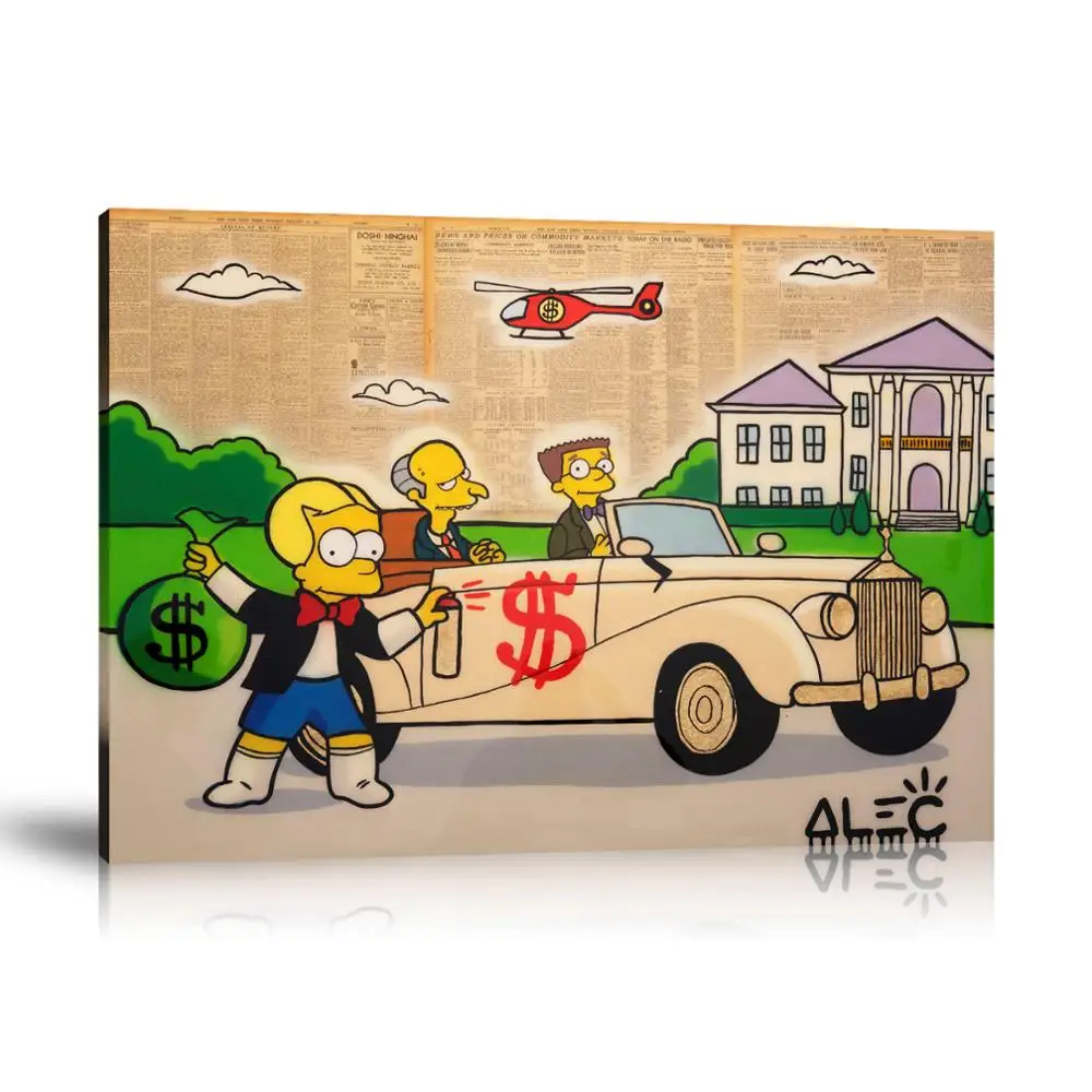 HD Print Alec Monopoly Oil Painting Home Decor Wall Art on Canvas Bart Richie Tagging Mr Burns Car Canvas Printings Room Decor
