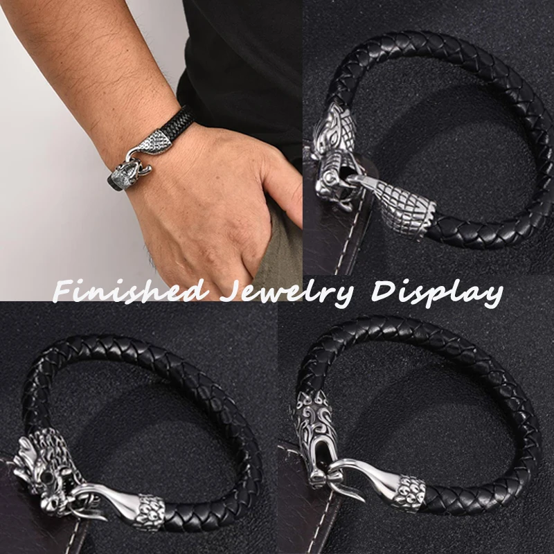 Men Stainless Steel Snake Wolf Head Bracelet Clasps Hooks Hole 8mm 6mm Leather Cord End Caps Cord Connector for Jewelry Findings
