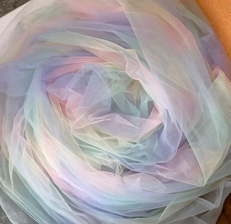 Colorful gradient rainbow soft mesh phantom mesh fabric design creative fashion background fabric Hanfu children\'s clothing fabr