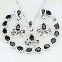 Water Drop Black Rhinestone White Zircon 925 Sterling Silver Jewelry Sets For Women Stud Earrings/Pendant/Necklace/Bracelet