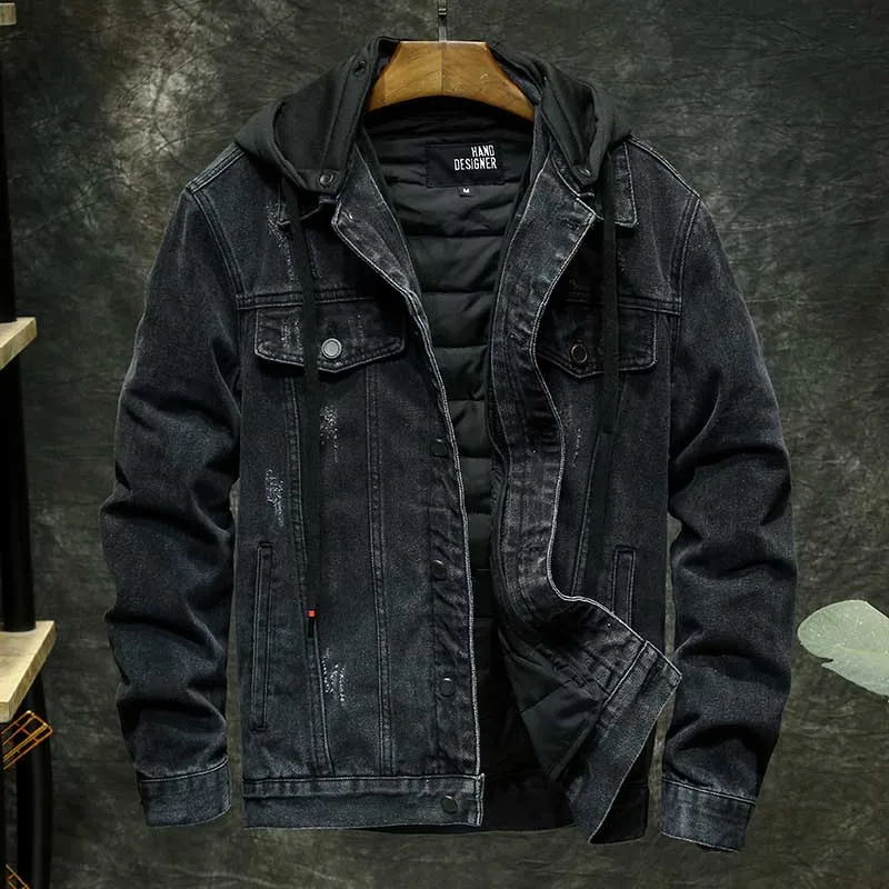Mcikkny Men Wool Liner Winter Denim Jackets Black Loose Casual Thermal Jeans Coats For Male Windbreak Detachable Hat
