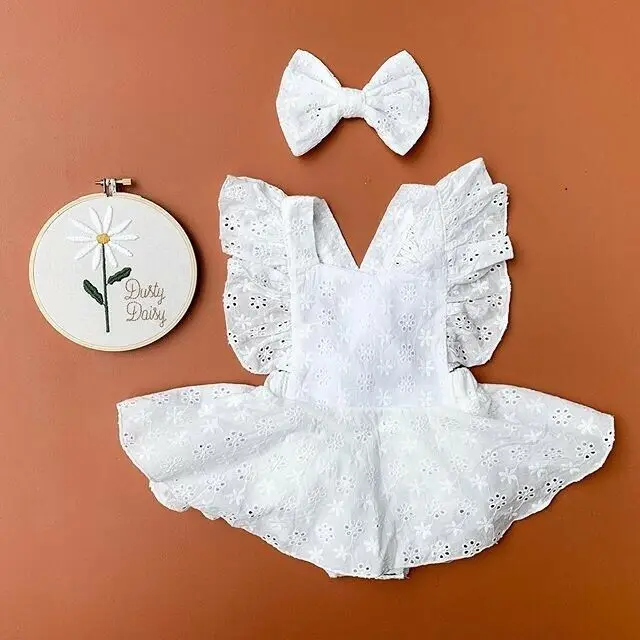 Baby Girls Ruffle Romper Dress Sleeveless Lace Solid Color Summer Tutu Bodysuit+Bowknot Headband