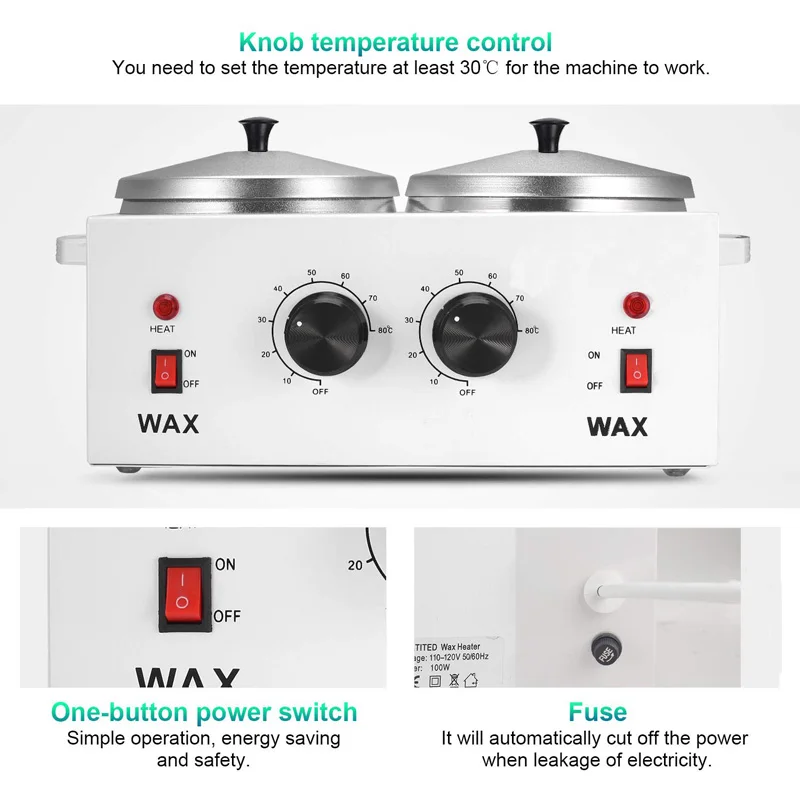 Aquecedor elétrico de cera dupla, aquecedor de parafina, depilador facial duplo para remoção de pelos, spa, depilador de cera a cera