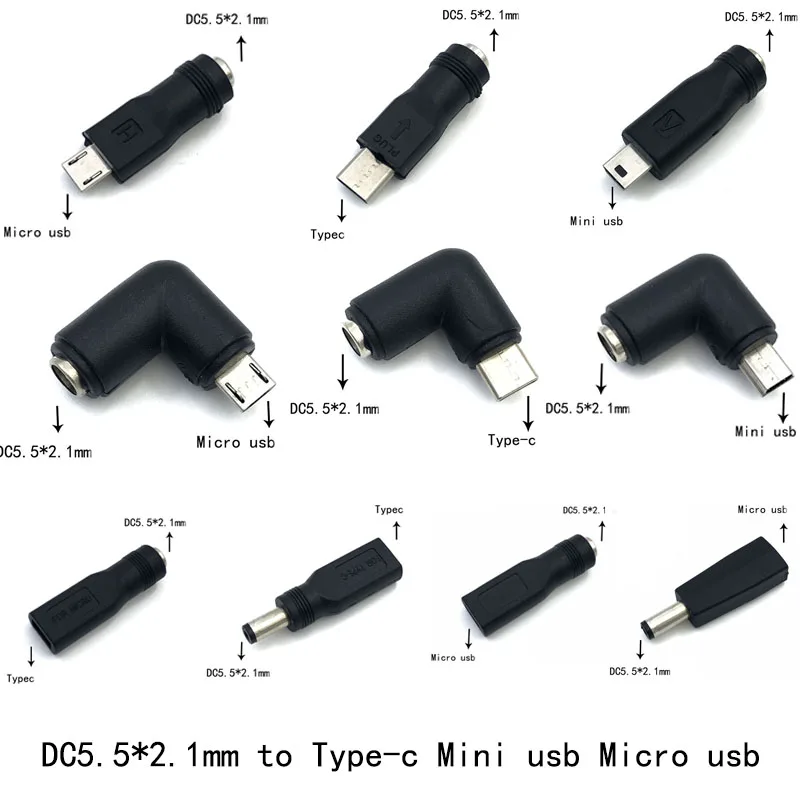 5V DC 5.5 * 2.1 mm Power Jack USB Type C USB-C Type-c 5.5mm *2.1mm Mini USB Right & Micro USB DC Power Connector Adapter 1pcs