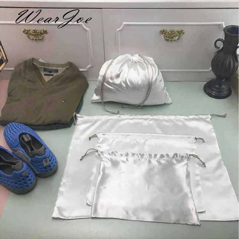 Custom Satin Storage Sleeper Bag Dust Cover Drawstring Care Bag Travel White Silk Satin Shoe Wigs Luxury Goods Protective Pouch