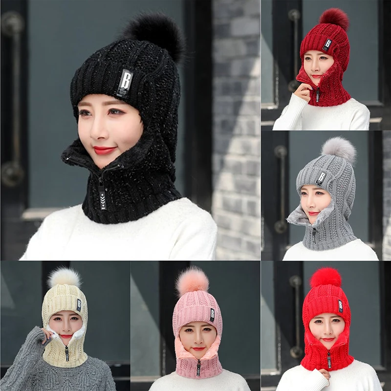 Women Wool Knitted Hat Ski Hat Sets For Female Windproof Winter Outdoor Knit Warm Thick Siamese Scarf Collar Warm Hat Girl Gift